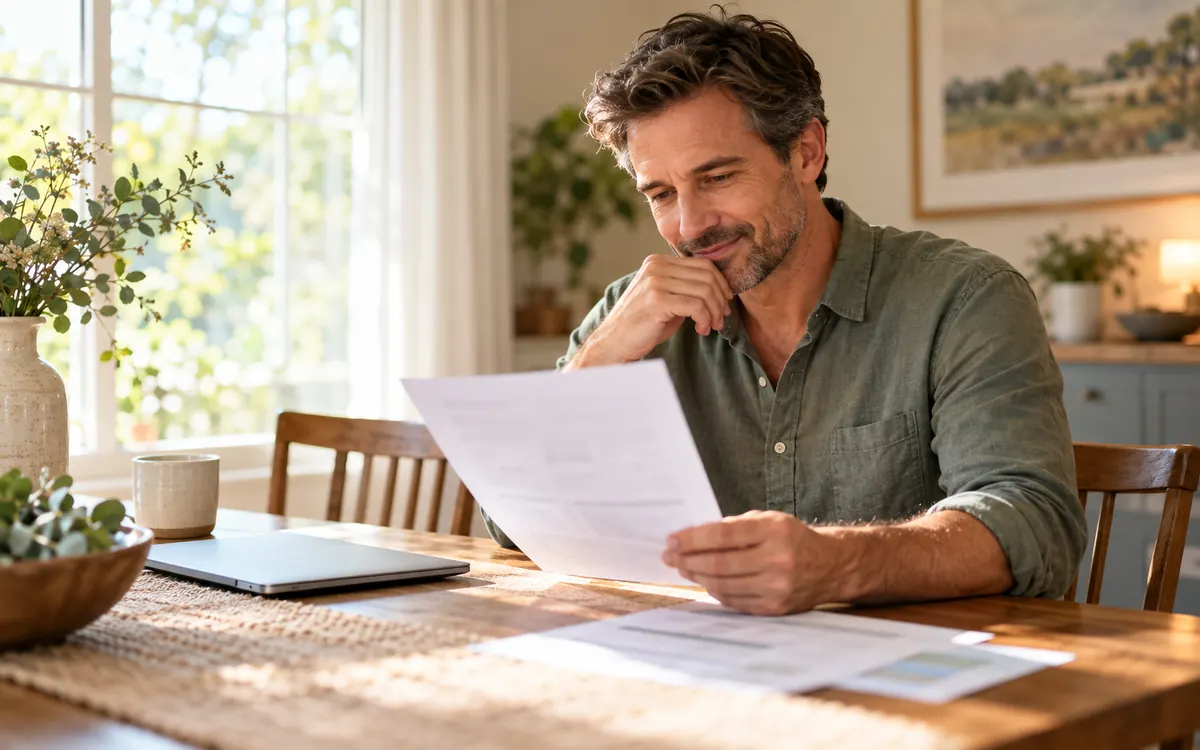 Man reading his credit report at home before applying for an Ahead Lending loan with bad credit