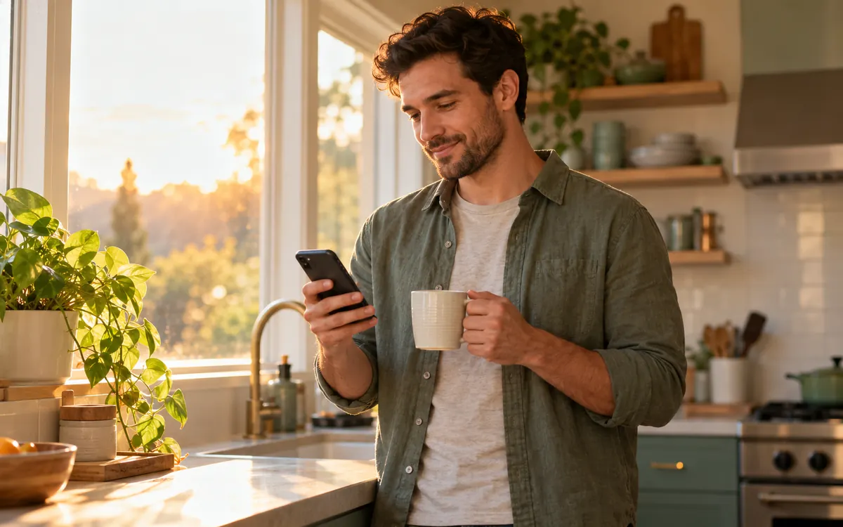 Man checking his bank app in the morning to see if his Ahead Lending funds arrived