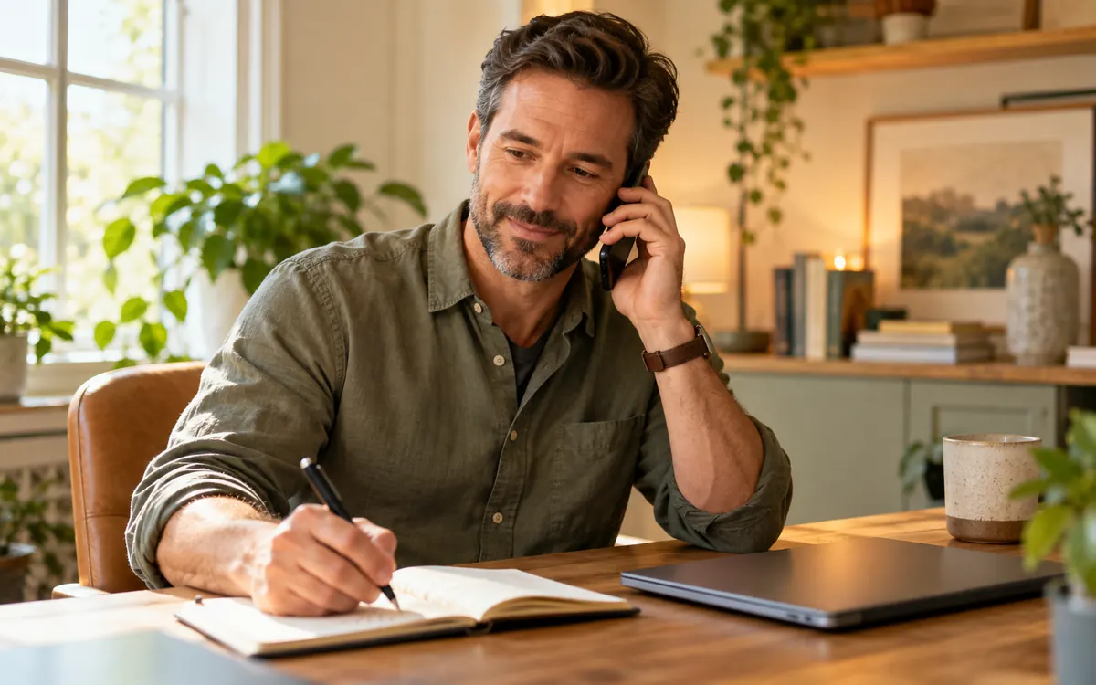 Man calling Ahead Lending customer service and writing notes